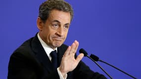 Nicolas Sarkozy lors d'un discours sur les départementales au QG de l'UMP, le 7 mars 2015.