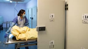 Un agent de la chambre mortuaire déplace un corps dans la chambre froide de l'hôpital Beaujon à Clichy, le 27 janvier 2021.