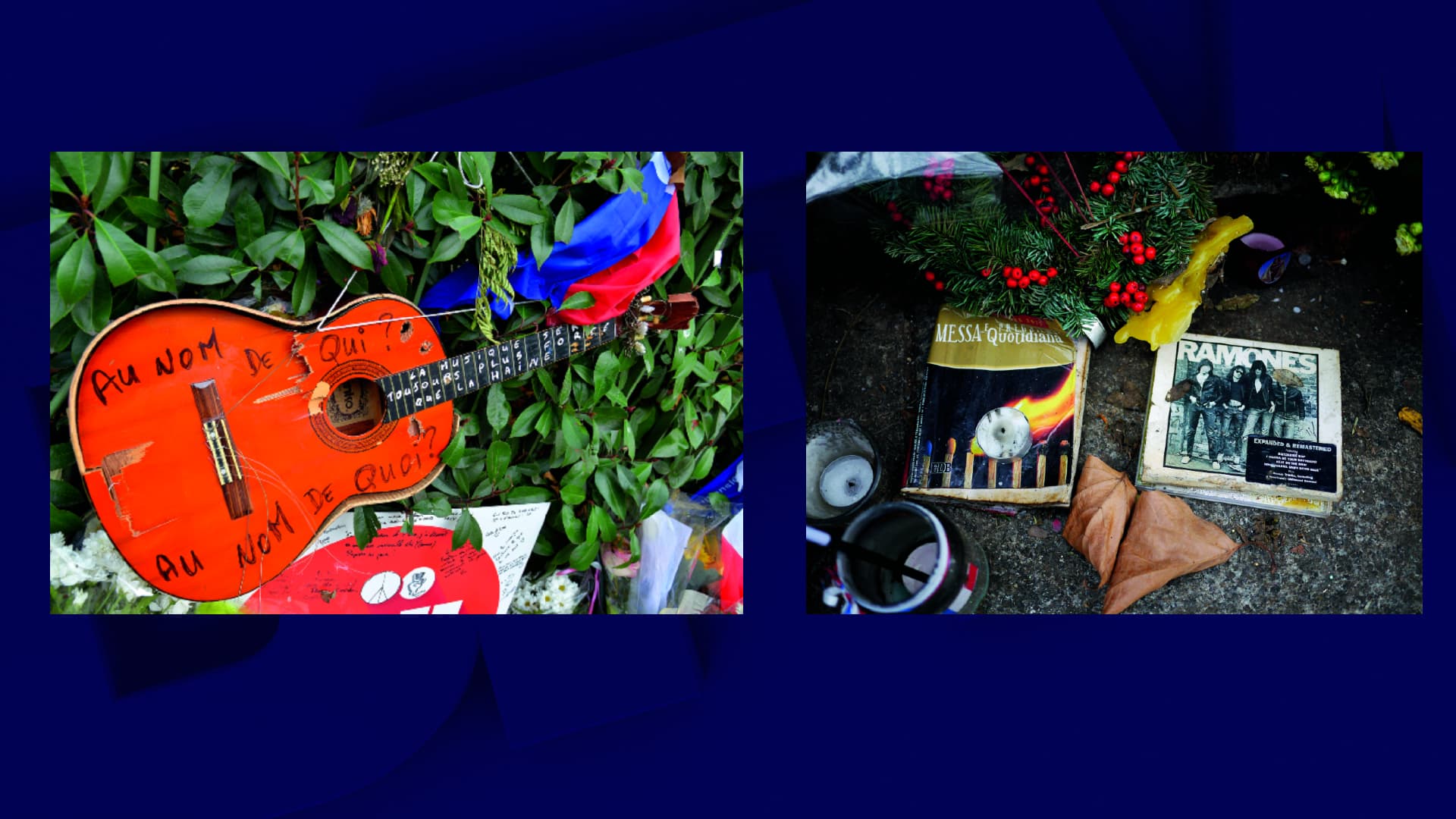  Une guitare devant le Bataclan le 10 décembre 2015 - Un livre et un CD devant le Bataclan le 18 janvier 2016