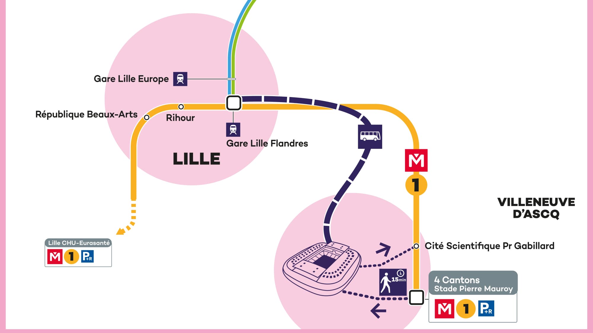 La carte du réseau de transports ilévia renforcé lors des Jeux olympiques 2024 à Lille et Villeuneuve-d'Ascq (Nord).