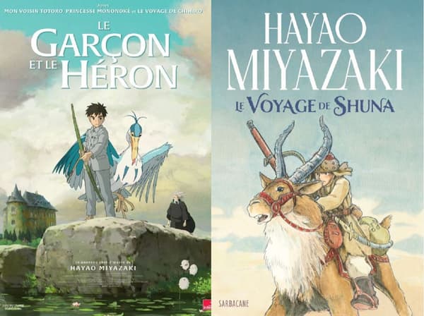 L'affiche du "Garçon et le héron" et la couverture du livre "Le Voyage de Shuna" de Hayao Miyazaki
