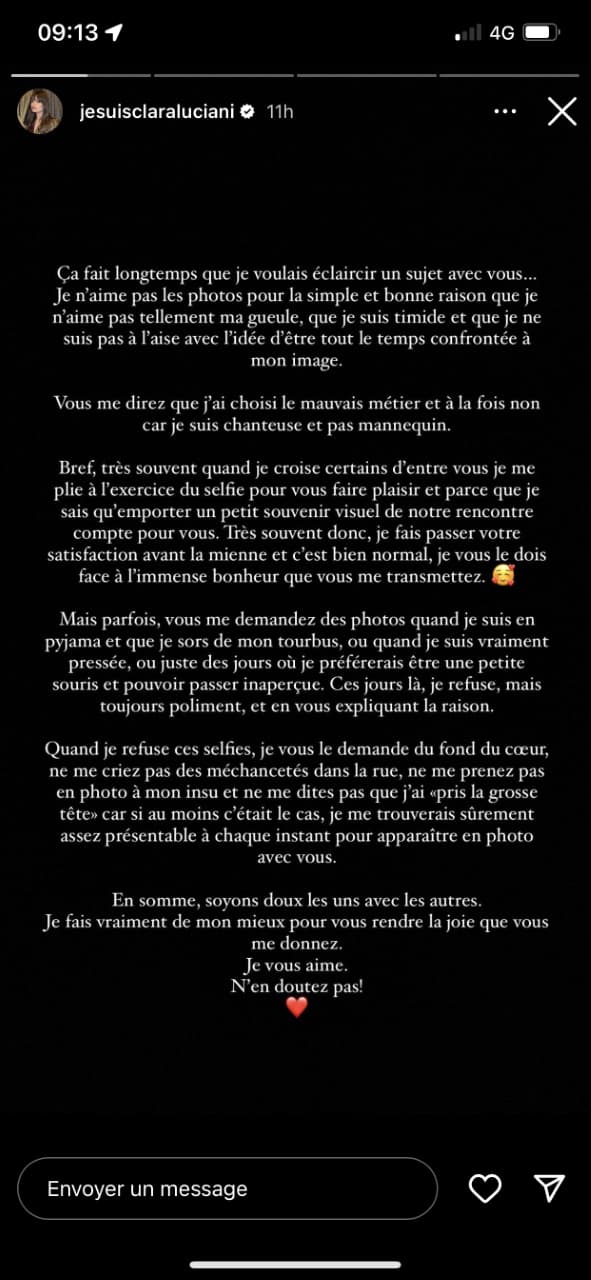 Un message de Clara Luciani sur Instagram