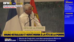 Hervé Morin reçoit Bruno Retailleau à la Fête de la pomme en Normandie, en déclarant: "Un jour, vous pourrez dire, peut-être bientôt, 'j’ai accueilli le président de la République'"