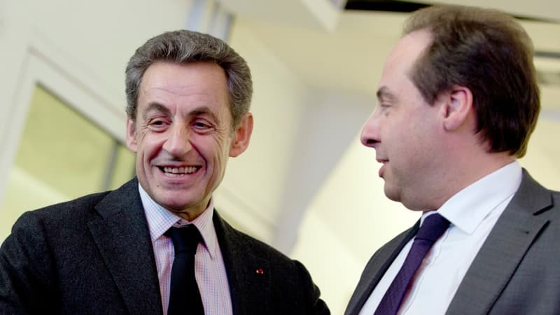 Nicolas Sarkozy et Jean-Christophe Lagarde au QG des Républicains le 30 mars 2015.