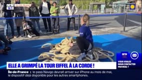 Paris: l'athlète Anouk Garnier a grimpé jusqu'au deuxième étage de la tour Eiffel à la corde