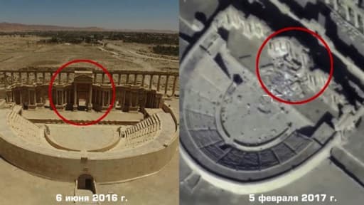 Image tirée d'une vidéo fournie par le ministère russe de la Défense, le 13 février 2017, montrant les nouvelles destructions de sites antiques par les jihadistes de l'EI à Palmyre, en Syrie Image tirée d'une vidéo fournie par le ministère russe de la Défense, le 13 février 2017, montrant les nouvelles destructions de sites antiques par les jihadistes de l'EI à Palmyre, en Syrie