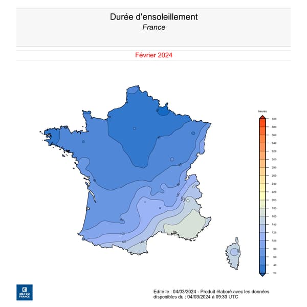 Carte fournie par Météo-France de la durée d'ensoleillement en France en février 2024.