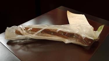 Une lamelle métallique présentée au procès de l'accident du Concorde. Selon le parquet, le Concorde a chuté en juillet 2000, près de Paris, peu après son décollage à cause de cette lamelle tombée d'un avion de Continental Airlines. La compagnie américaine