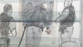 Croquis d'audience montrant Dominique Pelicot quittant la salle son box du tribunal d'Avignon, le 11 septembre 2024
