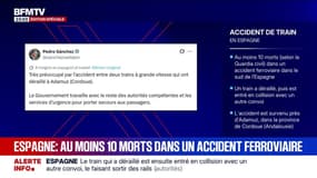 Accident de trains en Espagne: sur X, le Premier ministre espagnol Pedro Sánchez déclare être "très préoccupé"