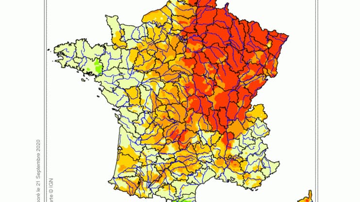 Carte de l'état de la sécheresse en France au 20 septembre 2020 Carte de l'état de la sécheresse en France au 20 septembre 2020