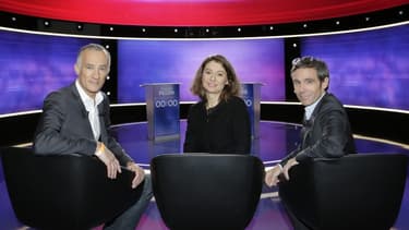 Gilles Bouleau, Alexandra Bensaid et David Pujadas sur le plateau du troisième tour de la primaire à droite.