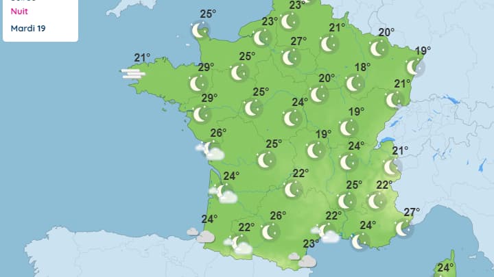 Les prévisions pour la nuit du lundi 18 juillet au mardi 19 juillet. Les prévisions pour la nuit du lundi 18 juillet au mardi 19 juillet.