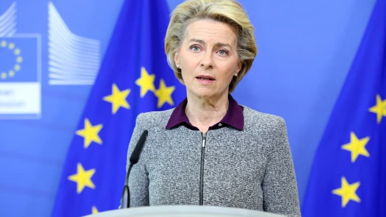 La présidente de la Commission européenne Ursula von der Leyen, lors d'une conférence de presse à Bruxelles le 27 août 2020 sur le Brexit