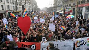 Des dizaines de milliers de partisans du mariage homosexuel et de l'adoption par les couples de même sexe ont manifesté dimanche à Paris pour inciter les députés socialistes à tenir bon face à la mobilisation des opposants au projet de loi. /Photo prise l