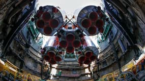 Une fusée MS-9 sur le pas de tir, à Baïkonour, en juin 2018.