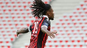 Le jeune attaquant de Nice Khéphren Thuram vient de marquer le 4e but de son équipe contre Bordeaux, le 28 août 2021 à Nice 