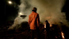 Un membre de la "Coordination Rurale" (CR) lors du blocage du port de  Bordeaux (sud-ouest de la France), le 20 novembre 2024

