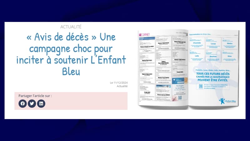 De faux avis de décès d'enfants dans la presse: la campagne choc de L'Enfant Bleu sur la maltraitance infantile