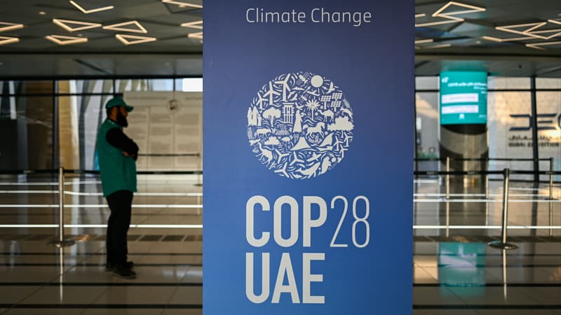 Un panneau COP28 dans une station de métro à Dubaï, le 28 novembre 2023, avant le sommet des Nations unies sur le climat.