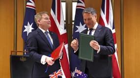 Le ministre britannique de la Défense, Grant Shapps, avec son homologue australien, Richard Marles, le 21 mars 2024