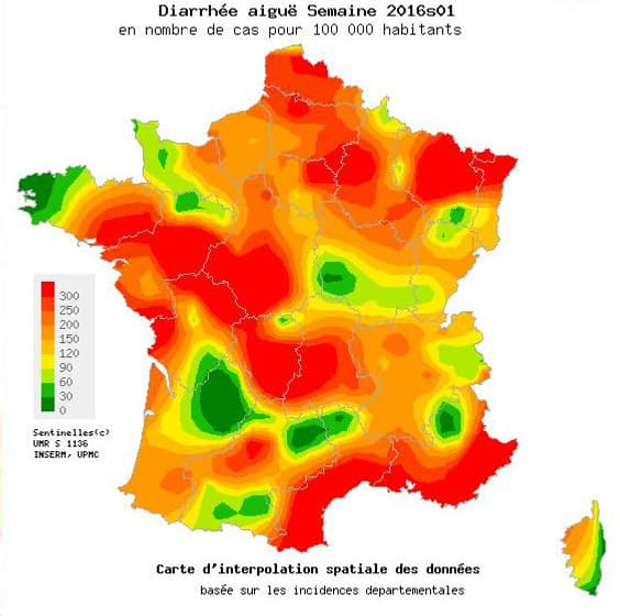 La carte du nombre de cas de gastro-entérite recensés en France.