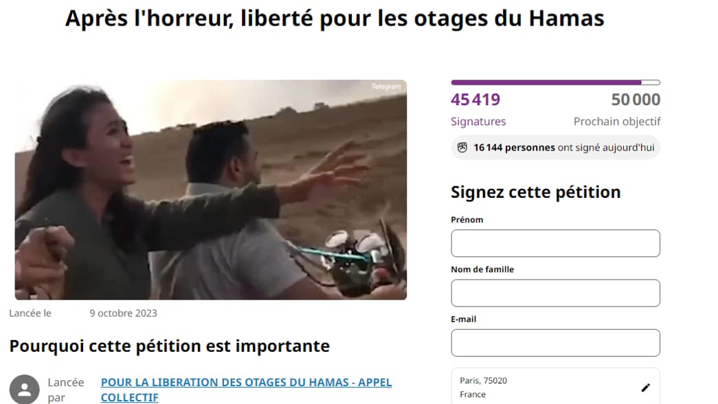 Capture d'écran de la page de la pétition pour la libération des otages du Hamas, signée par plus de 45.000 personnes. Capture d'écran de la page de la pétition pour la libération des otages du Hamas, signée par plus de 45.000 personnes.