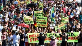 Des gens manifestent à Brasilia le 29 mai 2016 contre les violences faites aux femmes après le viol collectif d'une adolescente à Rio