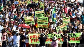Des gens manifestent à Brasilia le 29 mai 2016 contre les violences faites aux femmes après le viol collectif d'une adolescente à Rio