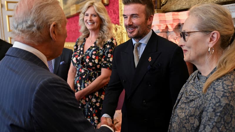 Le roi Charles III de dos et David Beckham, l'actrice Meryl Streep à droite, au palais Saint-James de Londres le jeudi 12 juin 2025