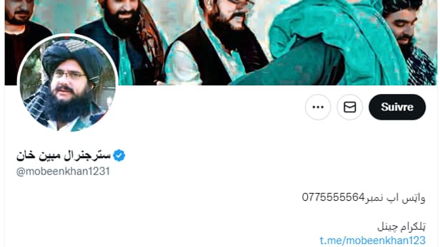 Le compte Twitter de Mobeen Khan, cadre militaire du régime taliban, dispose de la certification payante Le compte Twitter de Mobeen Khan, cadre militaire du régime taliban, dispose de la certification payante