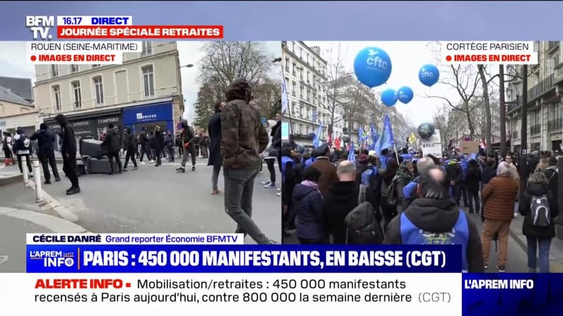 Retraites: 450.000 manifestants à Paris, selon la CGT, un chiffre en baisse