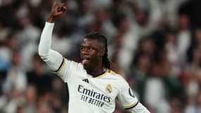 Le Français Eduardo Camavinga célèbre un but du Real Madrid contre Manchester City en Ligue des champions, le 9 avril 2024