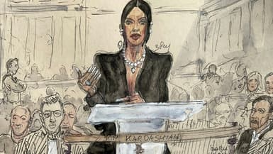 Croquis d'audience montrant Kim Kardashian témoignant au procès de son braquage, le 13 mai 2025 devant la cour d'assises à Paris