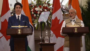 Le Premier ministre indien Narendra Modi et le Premier ministre canadien Justin Trudeau à Hyderabad House, à New Delhi, le 23 février 2018.