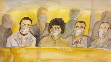 Ayoub El Khazzani, Mohamed Bakkali, Bilal Chatra et Redouane El Amrani Ezzerrifi au procès de l'attaque du Thalys, le 16 novembre 2020 à Paris.
