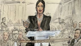 Croquis d'audience montrant Kim Kardashian témoignant au procès de son braquage, le 13 mai 2025 devant la cour d'assises à Paris