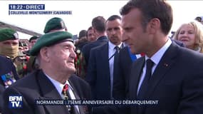 "Vous honorez les camarades qui sont tombés (..) vous inspirez tous ces jeunes" dit Emmanuel Macron à Léon Gauthier, membre des commandos Kieffer