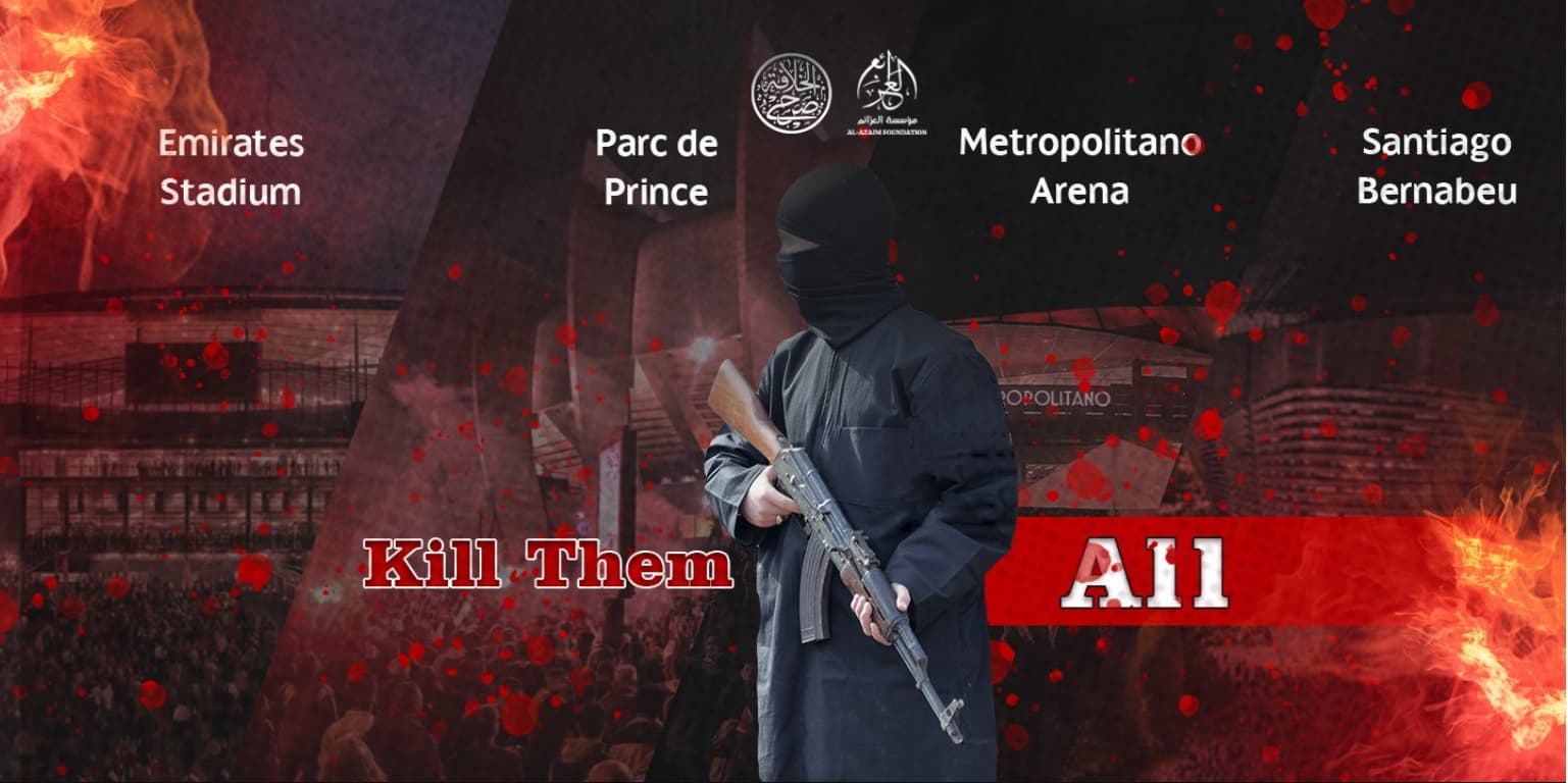 L'affiche de l'Etat islamique qui menace d'attaquer les stades des quarts de finale aller de la Ligue des champions (avril 2024)