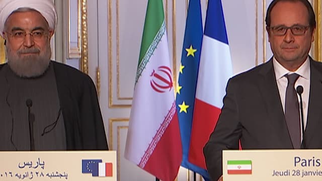 Le président de la République François Hollande (à droite) et son homologue iranien Hassan Rohani à l'Elysée, le 28 janvier 2016.