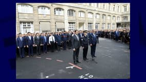 Christophe Castaner, Didier Lallement et Laurent Nunez dans la cour de la Préfecture de Police de Paris le 4 octobre 2019