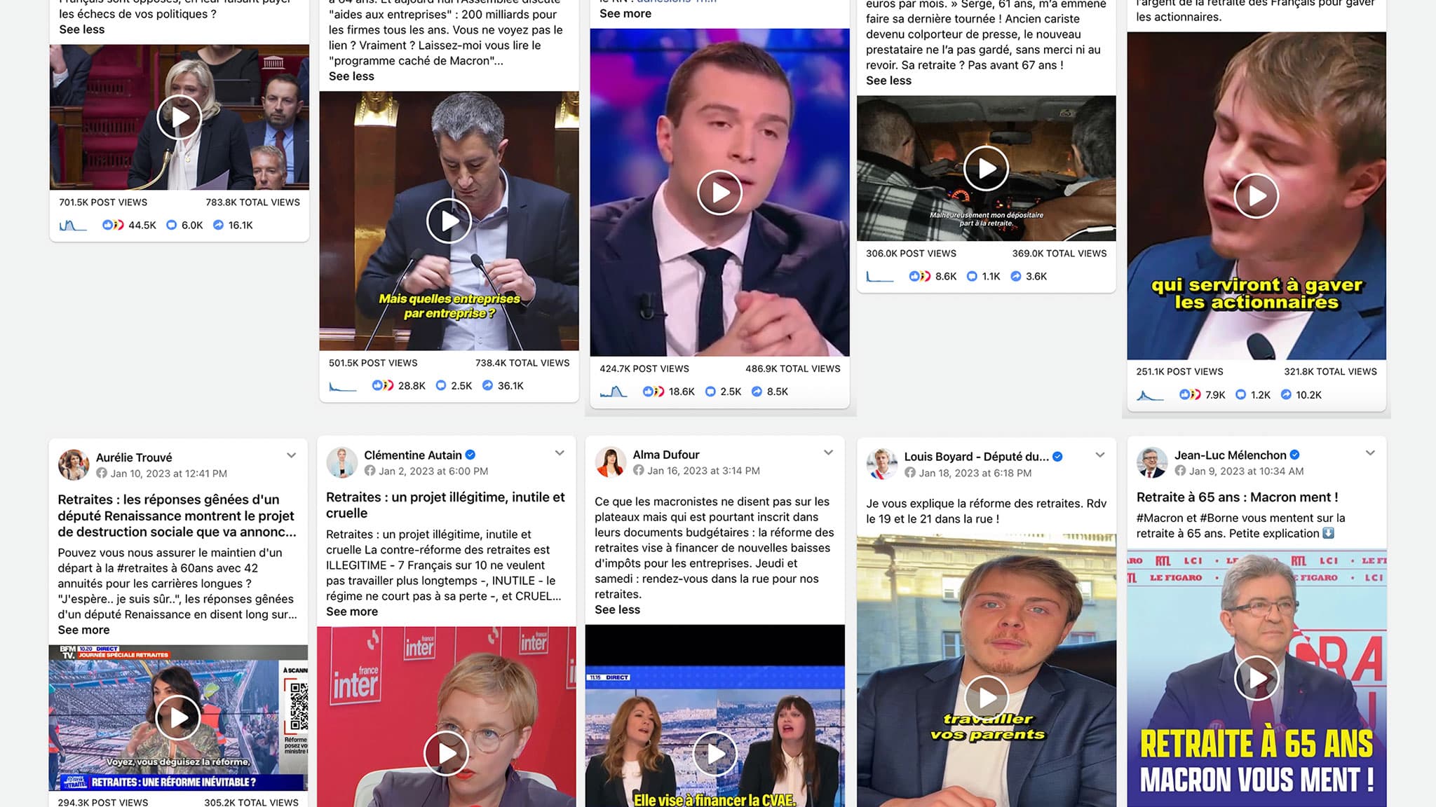 Les dix vidéos Facebook politiques les plus populaires concernant la réforme des retraites (janvier 2023) 