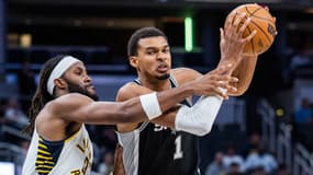 Victor Wembanyama lors d'Indiana-San Antonio, le 13 octobre 2025 en pré-saison NBA