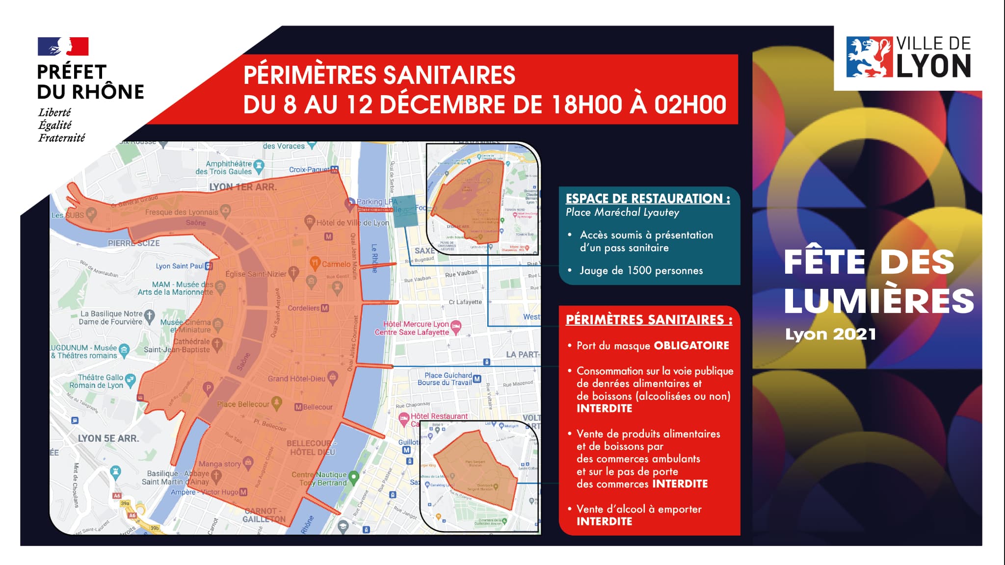 Les trois périmètres sanitaires mis en place pour la Fête des Lumières 2021 à Lyon.