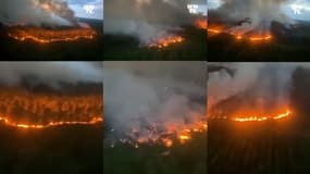 Images aériennes de l'incendie de Saumos, en Gironde, dans la nuit du 12 au 13 septembre 2022.