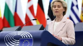 La présidente de la Commission européennne, Ursula von der Leyen, lors d'une session plénière au Parlement européen à Strasbourg, le 23 avril 2024