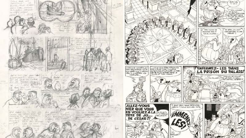 Un crayonné de Hergé et une planche d'Astérix, aux enchères le 16 novembre 2023.