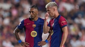 Raphinha avec Dani Olmo pendant un match du Barça en Liga, août 2024