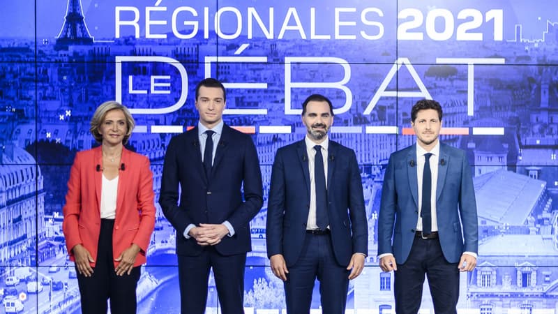 Les candidats franciliens à la présidence de l'Île-de-France Valérie Pécresse, Jordan Bardella, Laurent Saint-Martin et Julien Bayou, sur le plateau de BFMTV et BFM Paris.