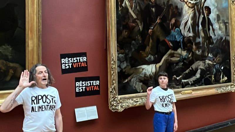 Paris: au Louvre, des militants de Riposte alimentaire collent des affiches près du tableau 